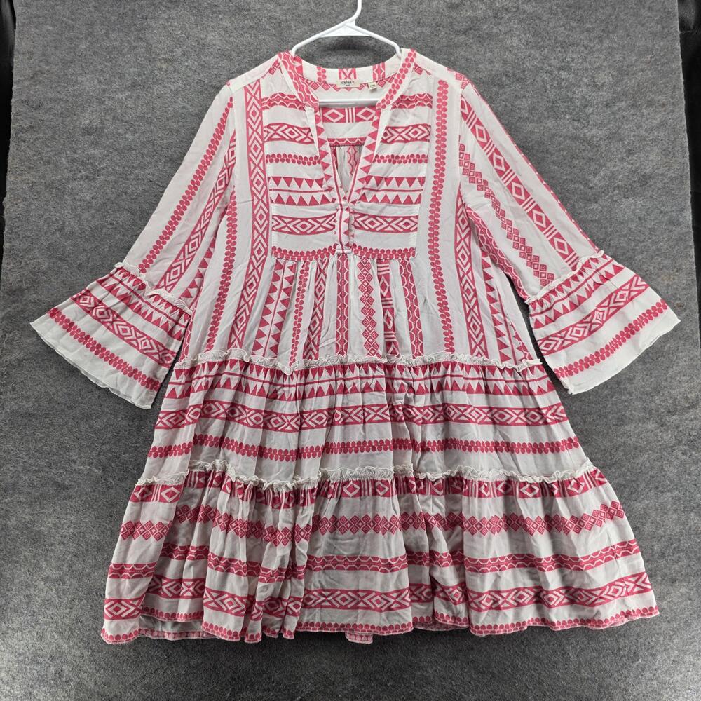 Dylan Dress Womens S Pink Geometric Trapeze & Swing Short V-Neck Ruffle